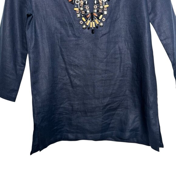 Michael Kors Small Navy 100% Linen Tunic Shirt Embellished Top 3/4 Sleeve Office - Picture 3 of 10